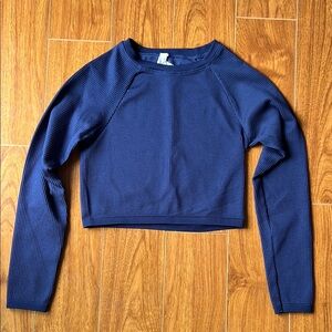 Navy Blue Waffle Knit Long Sleeve Activewear Crop Top.